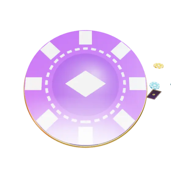 A glossy purple DenzaPlay poker chip with gold rim, orbited by smaller chips and cards