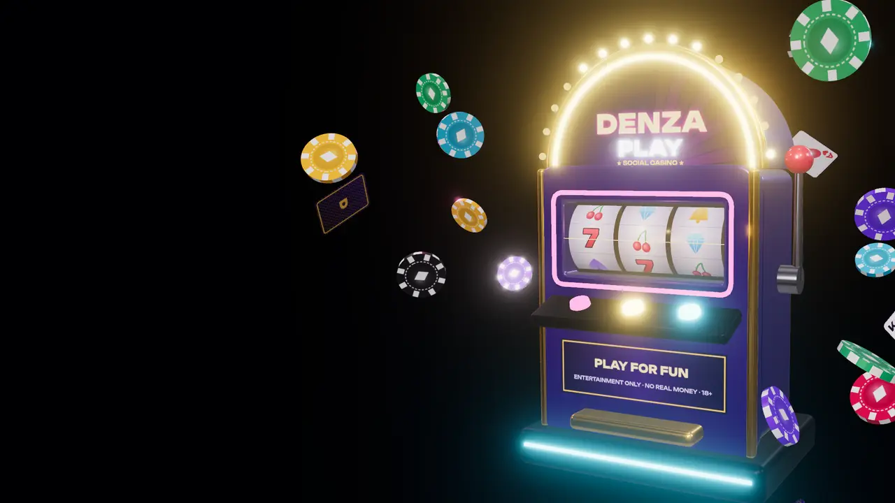 A glossy purple DenzaPlay slot machine with neon trim and gold arch, surrounded by floating poker chips and playing cards